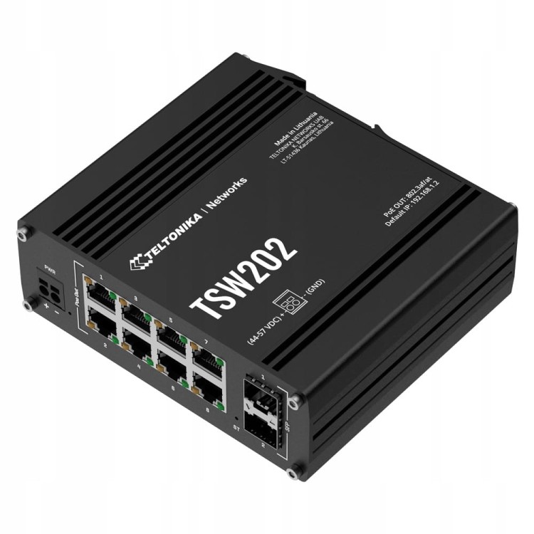 Przemysłowy switch zarządzalny Teltonika TSW202 – 8× GbE, 2× SFP, PoE+ 240W