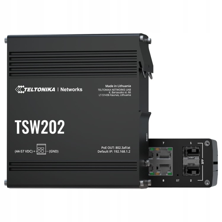 Przemysłowy switch zarządzalny Teltonika TSW202 – 8× GbE, 2× SFP, PoE+ 240W