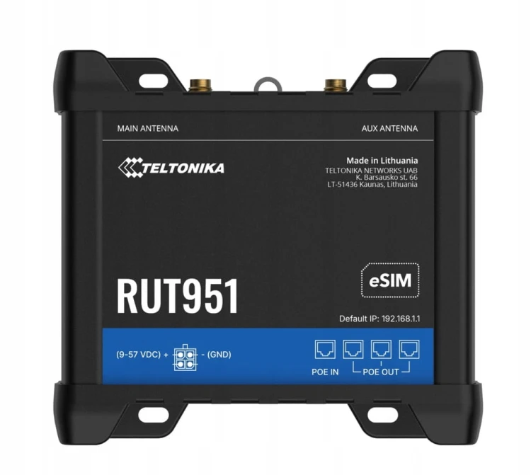 Teltonika RUT951: przemysłowy router LTE, 4× Ethernet, PoE+, Dual SIM, eSIM