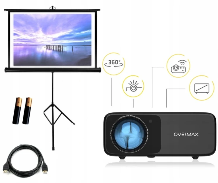 PROJEKTOR OVERMAX MULTIPIC 4.2 LED FULL HD WIFI BLUETOOTH EKRAN NA STATYWIE