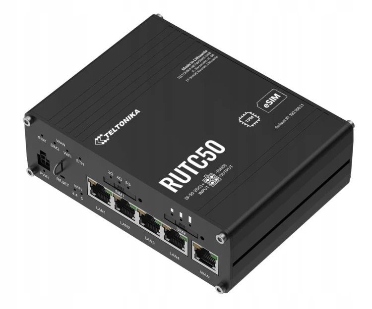 Router Teltonika RUTC50 5G, Wi-Fi 6 (3,4 GB/s), eSIM, 1GB RAM, 8GB-Docker