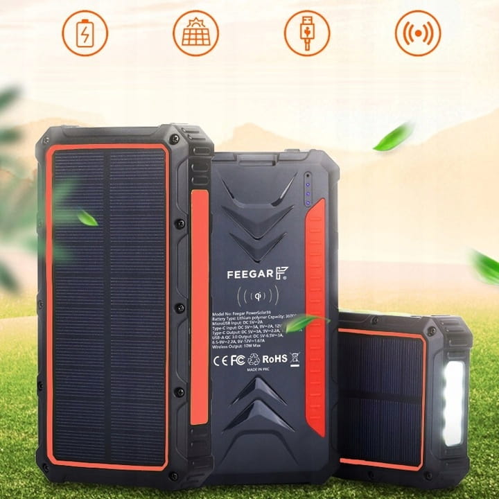 Power bank Solarny Feegar 36000mah 20W 4x USB-C QI